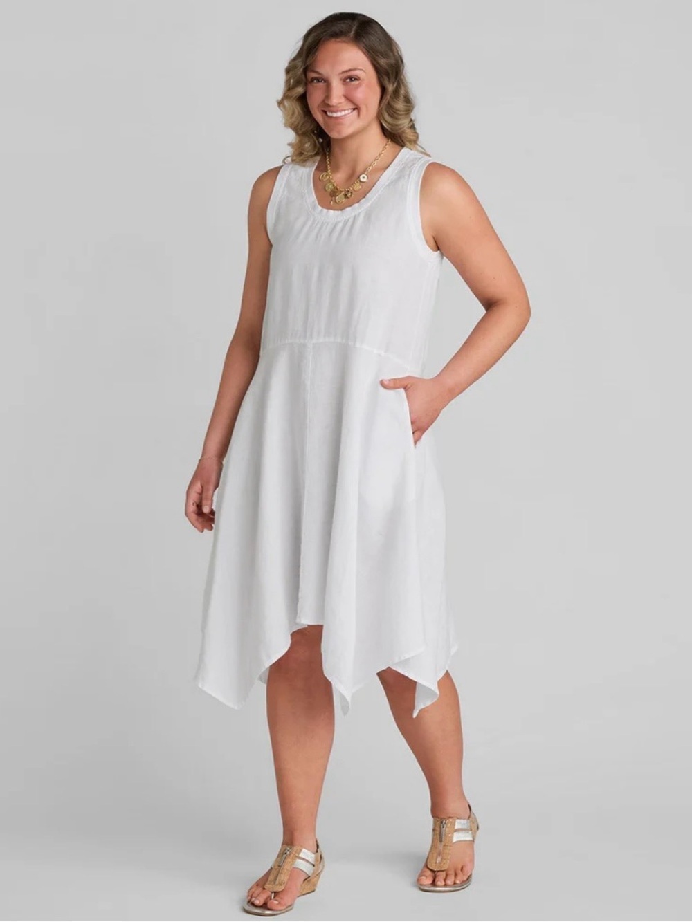 Flax Edgy Midi Dress 100% Linen Crisp White Sleeveles Handkerchief Edge Sm NWOT